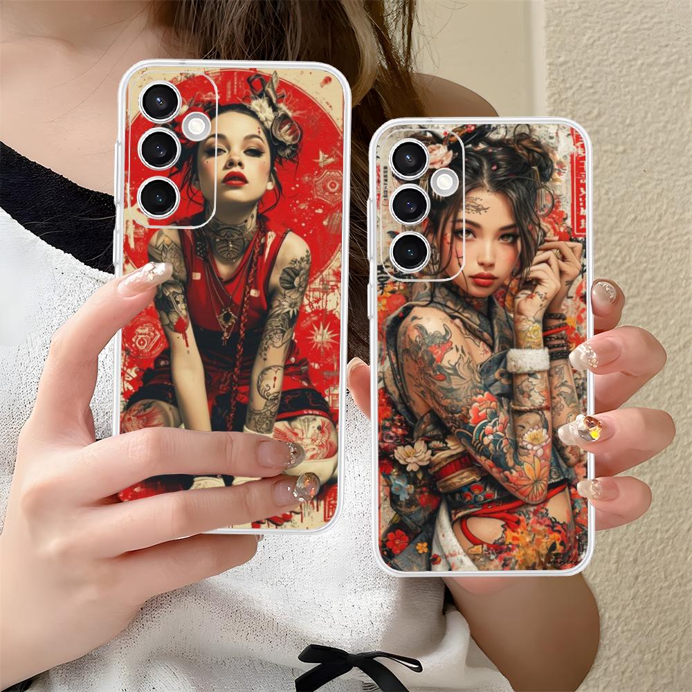 Retro Tattoo Girl Mobile Phone Case for Samsung Galaxy S25 S24 S23 S22 S21Plus FE Ultra Clear Colorful Cover Pretty Smartphone