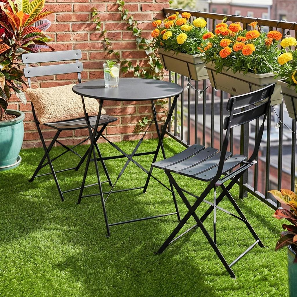 Garden Bistro Set, 3-Piece, Table, 2 Folding Slatted Chairs, Rustproof Protection, Black