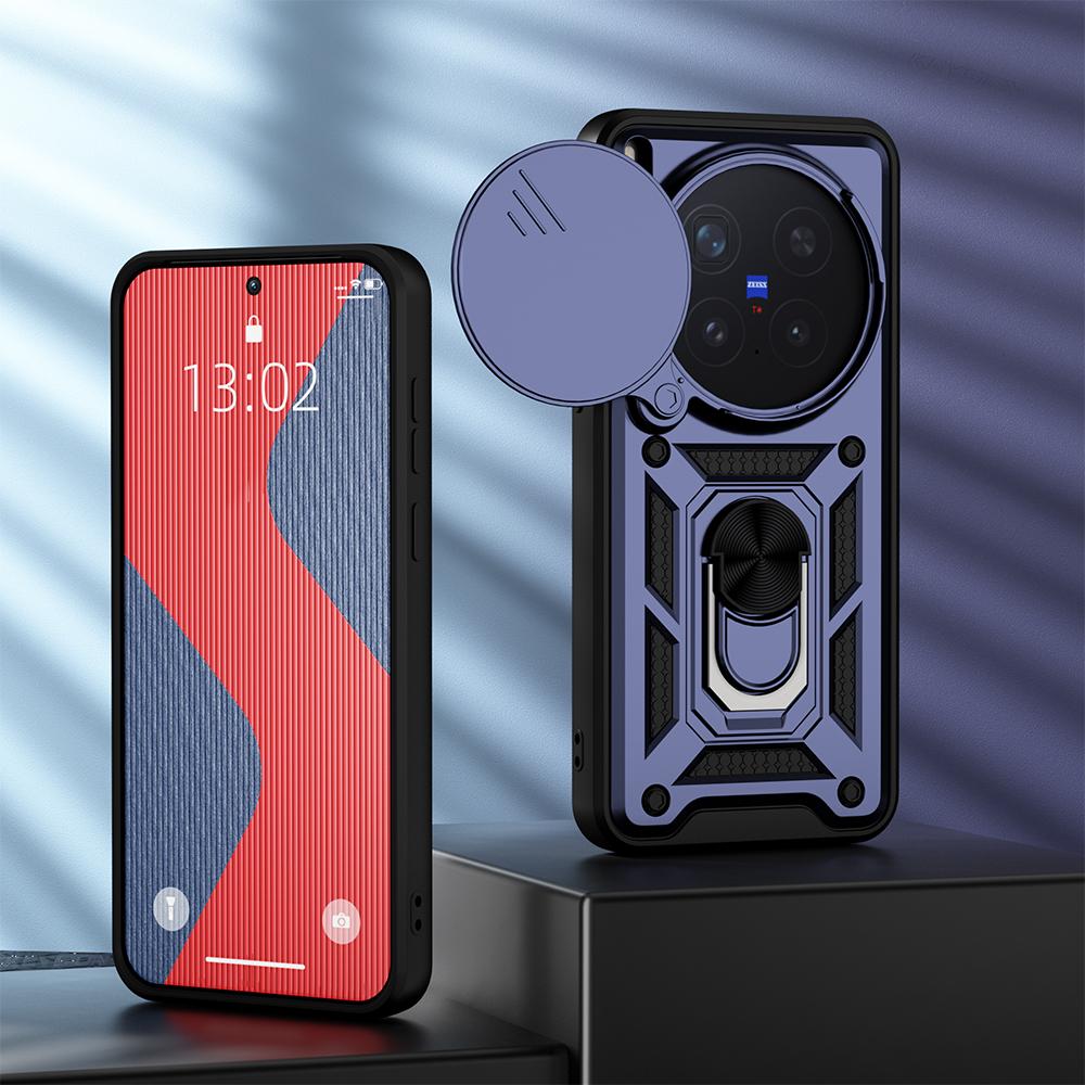 KEYSION Shockproof Armor Case for VIVO X300 Pro 5G Silicone+PC Slide Camera Lens Protection Ring Stand Phone Cover for VIVO X300