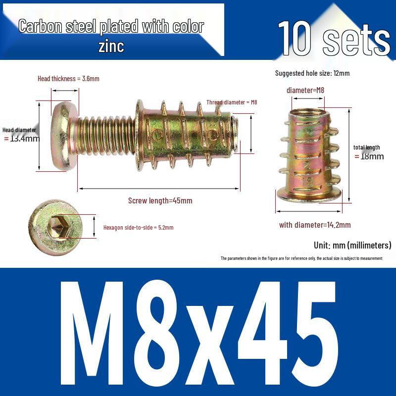 Flat Head Hex Socket Screws & Pre-embedded Nut Set for Wooden Bed Connectors