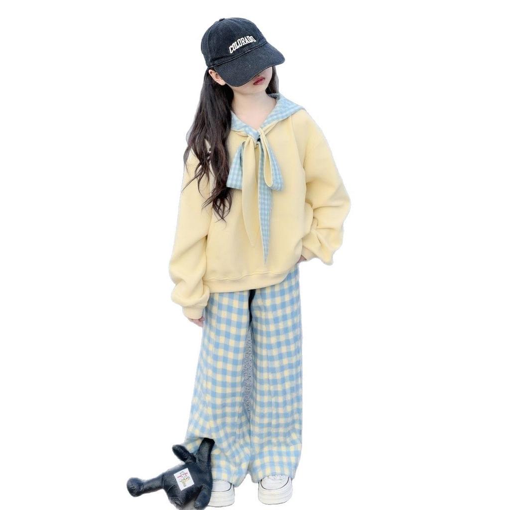 Autumn 2026 Girls' Hoodie & Plaid Pants Set - Cute & Fashionable Korean Style Two-Piece Outfit