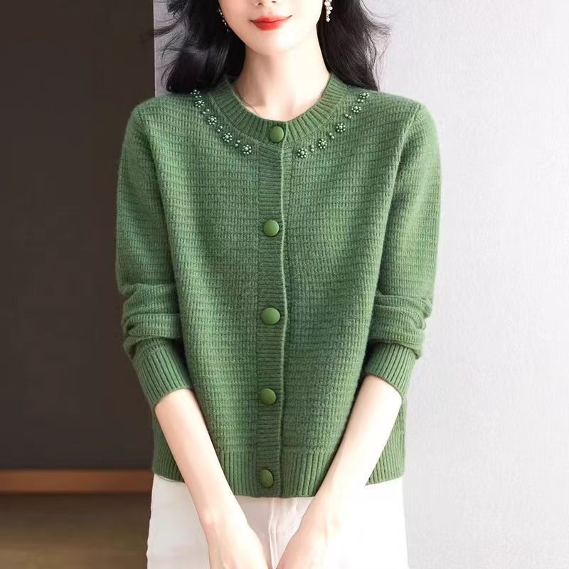 Spring and Autumn  Women's Knitted Cardigan Round Neck Short Sweater Coat Loose Knitted Shirt