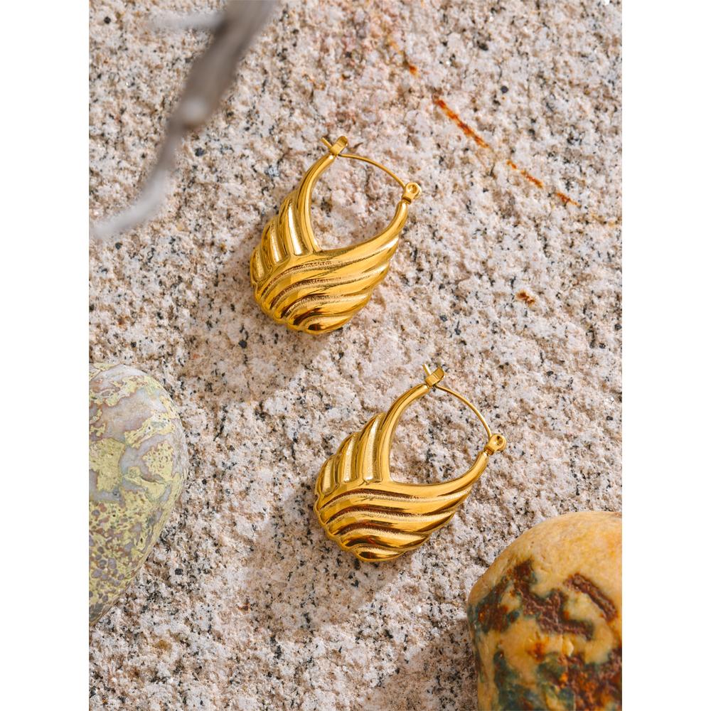 Eetit Statement Stainless Steel Striped Hollow Geometric Hoop Earrings 18K Golden Plated Texture Daily Jewelry Waterproof