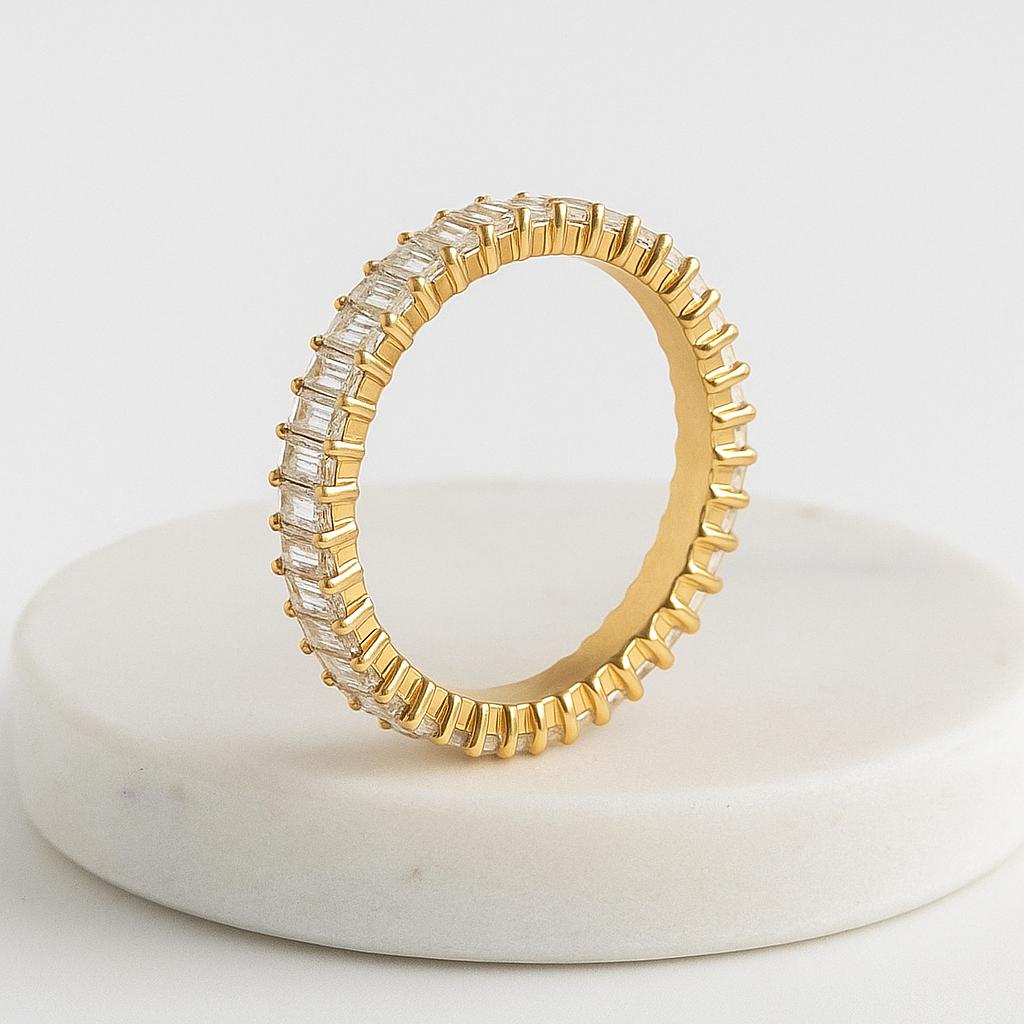 

Women’s Gold Plated Cubic Zirconia Eternity Band – Full Circle Baguette Cut White Stone Ring, Elegant Wedding Jewelry Gift for Her K