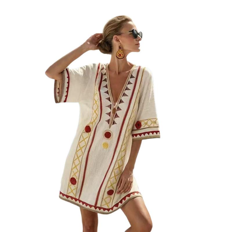 New Seaside Vacation Dress Bohemian D Print Loose V-neck Short-sleeved Beach Blouse