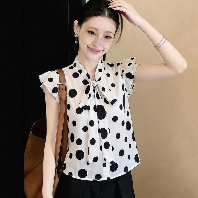 La Chapelle Women's Polka Dot Bow Chiffon Blouse