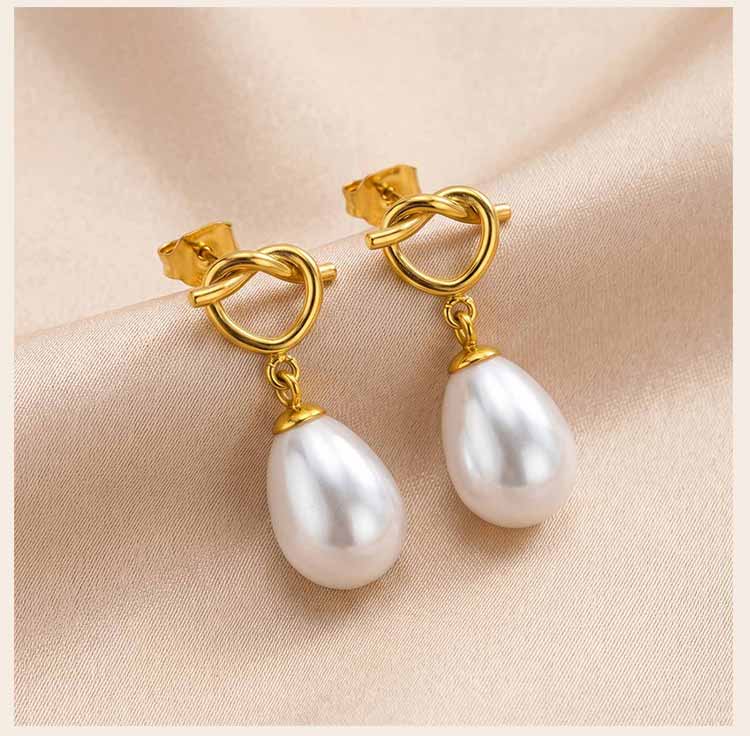 Drop Earrings with Knot Teardrop Pearl, 18K Gold Plated Stainless Steel Dangle Jewelry, Waterproof Anti-Tarnish Party Gift