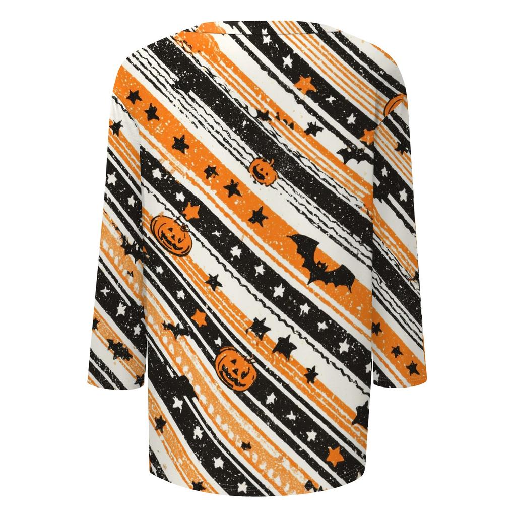 Womens Casual Halloween Print V Neck Three Quarter Sleeve Top Lightweight Stretchy Blouse for Fall Seasonal Wear