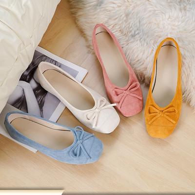 Fashion Square Toe Bowtie Flat Shoes Woman Flock Ballet Flats Candy Color Bowknot Slip On Loafers Cozy Bottom Mocasines Big Size 42