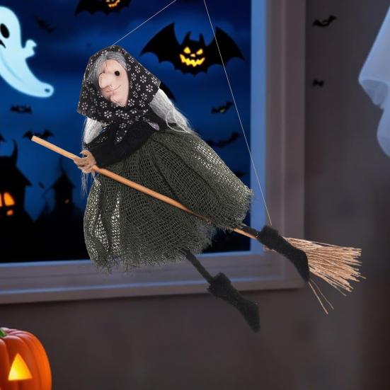 Halloween Witch Doll Small Hangable Witch Ornament Decorative Flying Witch Figurine On Broomstick for Indoor Outdoor Tree Home Kitchen Decor