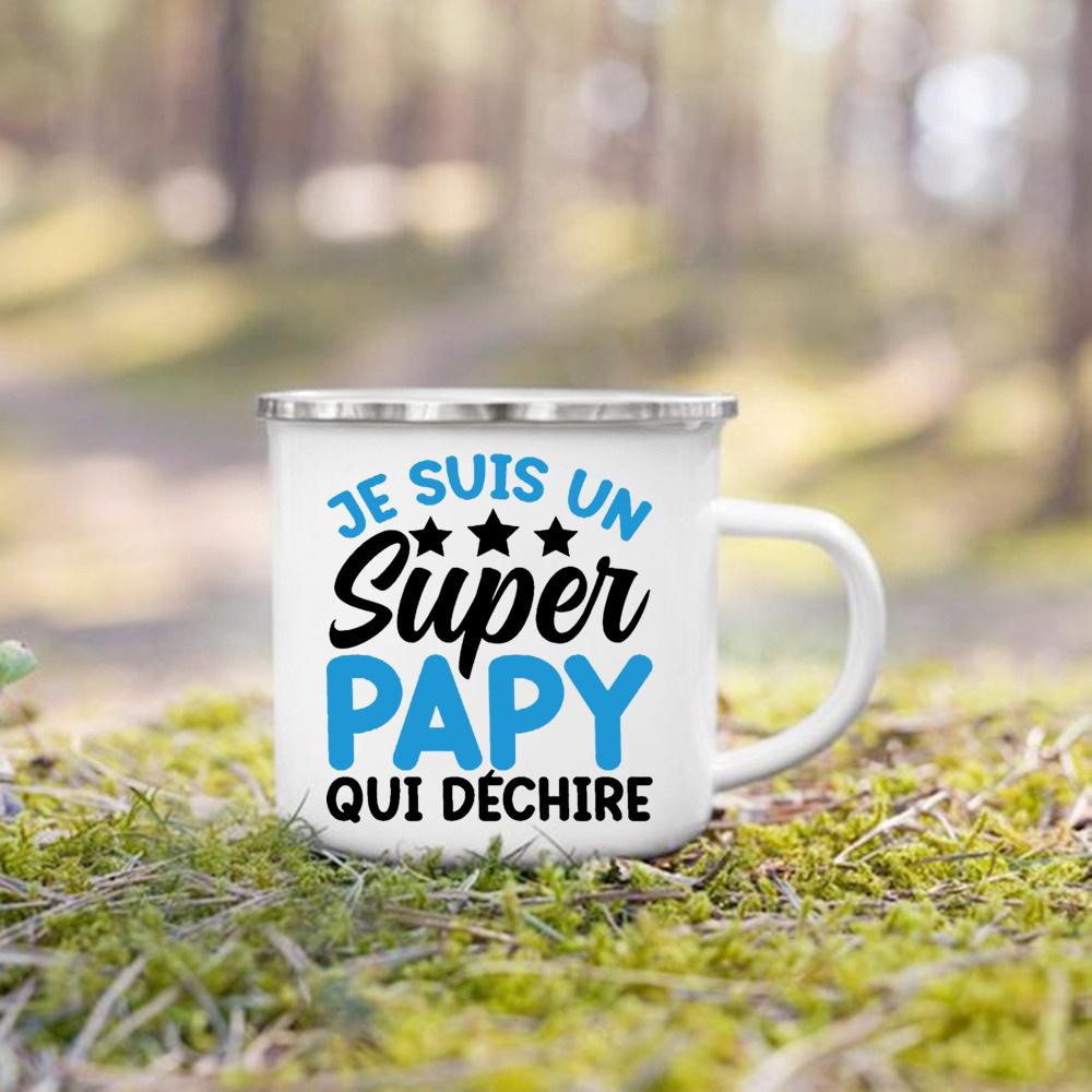 Super Papy Mamie Print Enamel Mug Creative Coffee Cups Drinks Water Milk Cup Enamel Mug Home Drinkware Gifts for Grandma Grandpa