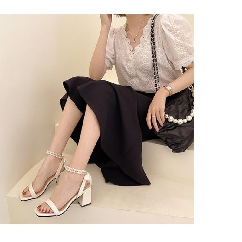 Fashion Open Toed Heels Women Pearl Lace Up Women Shoes Party Wedding Sexy Chunky Heels  Pumps Dress New Sandals Women's 2024