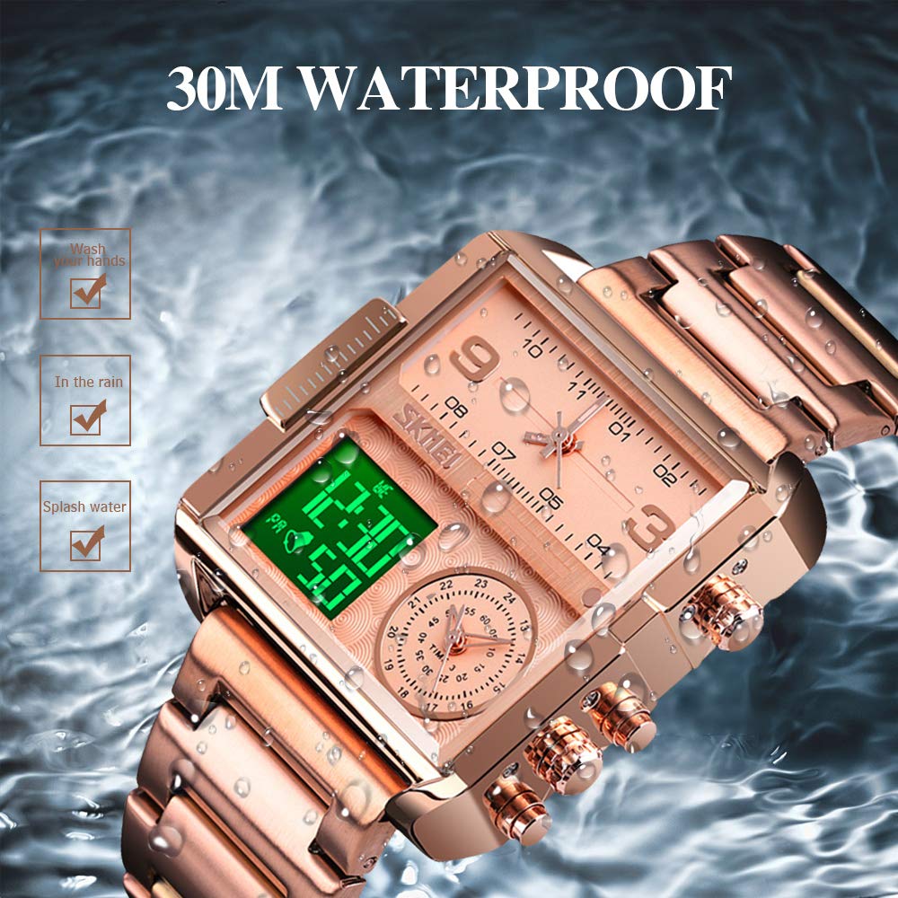 SKMEI Men's Digital Sports Watch LED Square Large Face Multi-Time Zone Waterproof Stopwatch Rose Gold-Light 1.78x1.61x0.55 inch Business