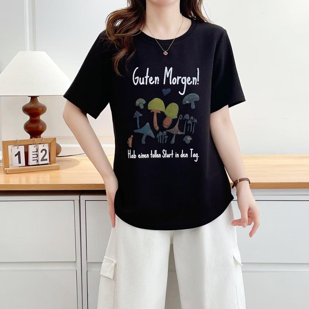 2026 New Summer Cartoon Mushroom Print Women's Round Neck Plus Size Casual Half Sleeve T-shirt