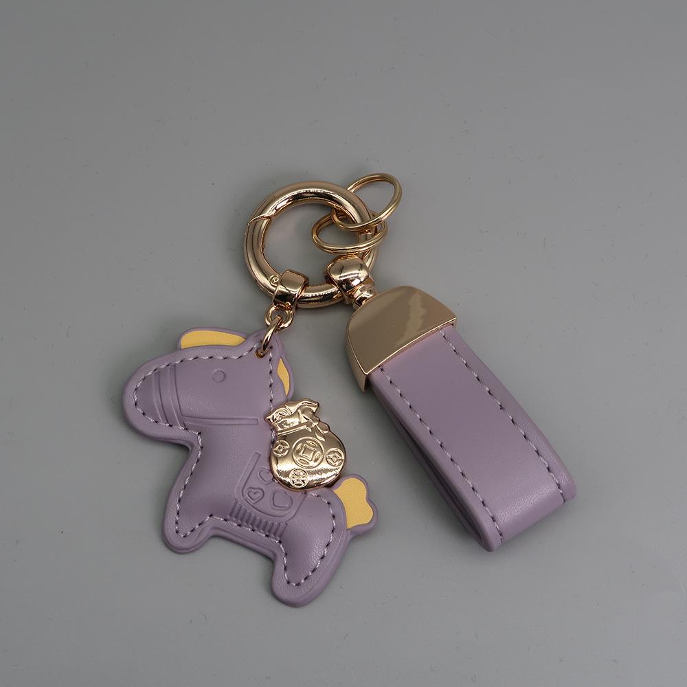 Instant Wealth Leather Keychain with Cartoon Pony Pendant for Couples – Trendy Bag and Car Accessory