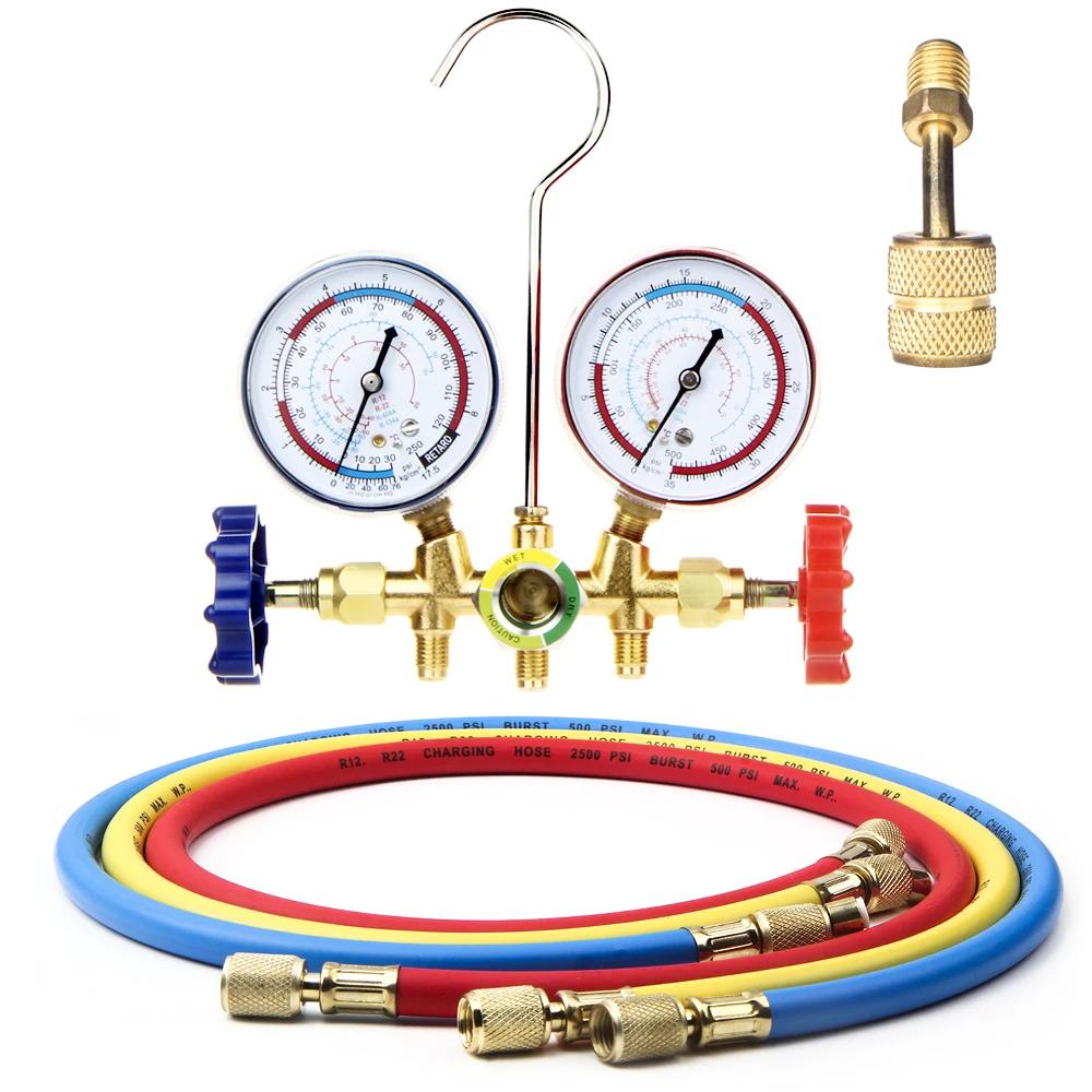 New Air Conditioning Pressure Gauge with Hose and Hook 3 Way AC Diagnostic Manifold Gauge Set for Freon For R12 R22 R404A R134a