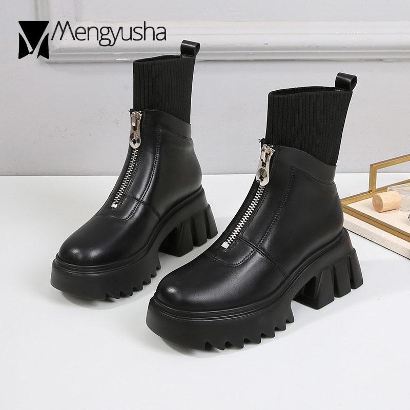 Bottes d'équitation à fermeture éclair avant femme bottines en maille bottes à plateforme d'hiver en peluche à gros talons hauts botas grande taille 34-43