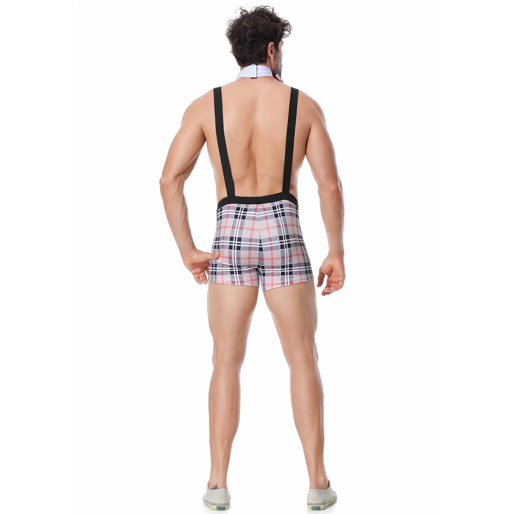 Men's fun plaid suspenders, sex underwear, funny role-playing anti-string male student uniform