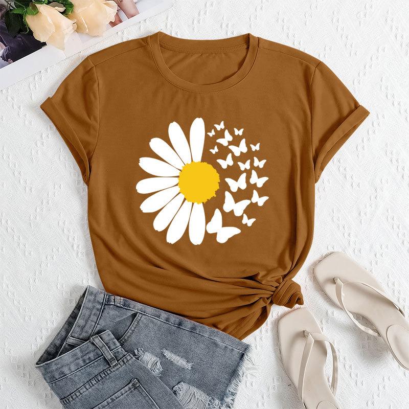 Summer Women's Daisy Butterfly Print Loose Round Neck Casual Pure Cotton Short Sleeved T-shirts Women's
