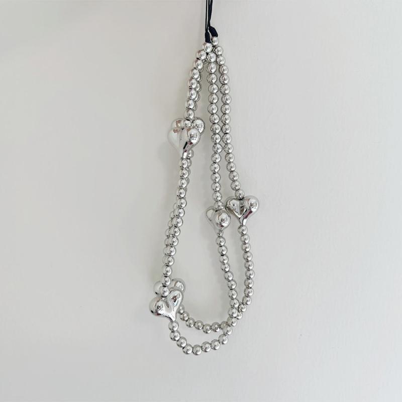 Ins Y2K Silver Love Heart Bowknot Phone Charm Strap Bead Pendant For Phone Accessories Hanging Rope Girl Jewelry