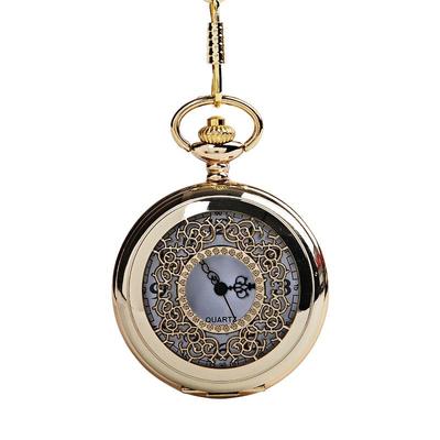 Nostalgic Thick Chain Openwork Pocket Watch with Dense Floral Carvings, Gold-Tone, White Face 1047.