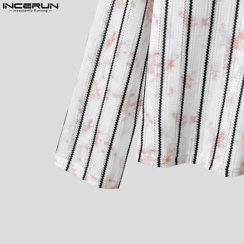 INCERUN Men Long Sleeve Striped Crochet Hollow Semi-Sheer Texture Tops T-shirts