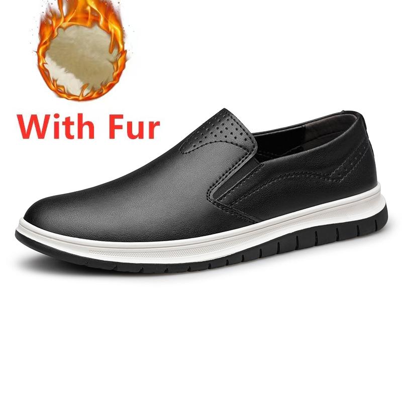 Autumn Winter Mens Loafers Comfy Leather Casual Shoes Handmade Moccasins Male Comfortable Driving Shoes Sneakers Warm Plush Fur