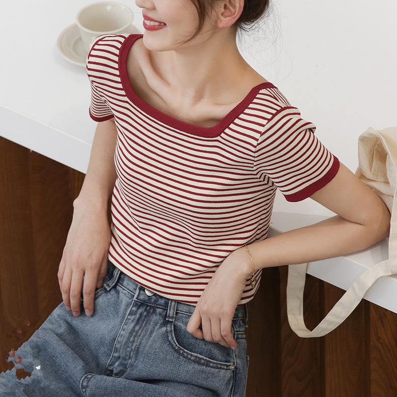 Summer New Striped T-shirt Women's Ice Silk Sweater All-match Bottoming Shirt Square Neck Short-sleeved Inner Short Bm Top