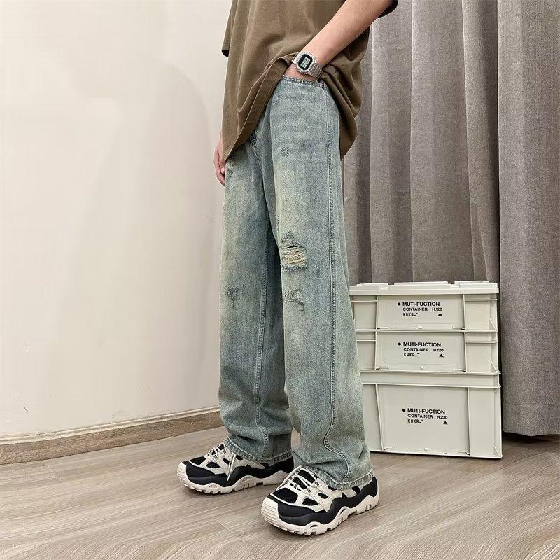 

Мужские джинсы в стиле ретро-американской моды с широкими штанинами и рваными краями 3X Large синий