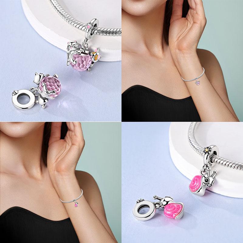Cute Copper Charms Pink Cat And Dog Playing Snail Charms Beads Pendant Fit Original Bracelet Diy Jewelry For Women
