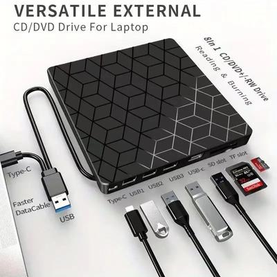 7 In 1 External CD DVD Recorder Player Writer USB 3.0 Type C RW DVD Burner Optical Drive Reader for Laptop Desktop Computer
