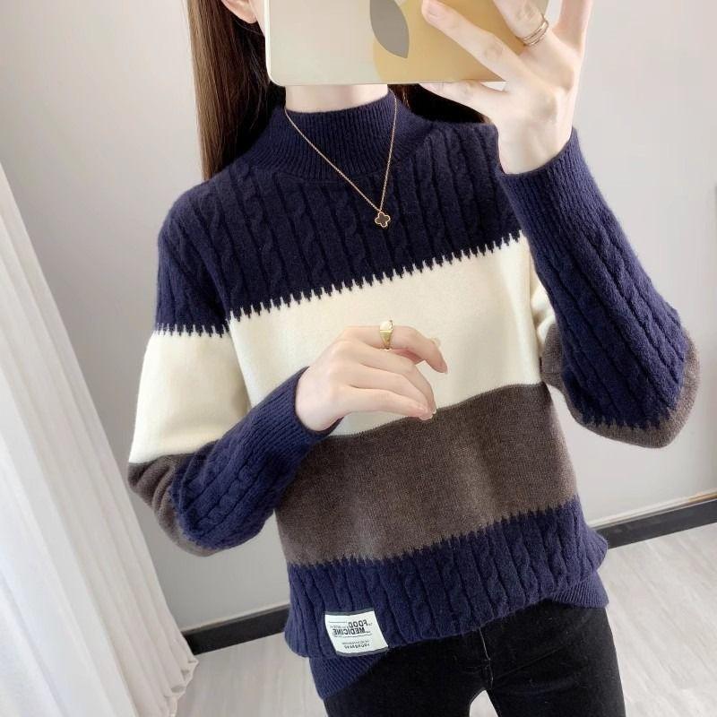 Women's Half Turtleneck Sweater Fall Winter Loose Knit Sweater Top Pullover Knit Jumper Color-blocked Plaid Knitwear