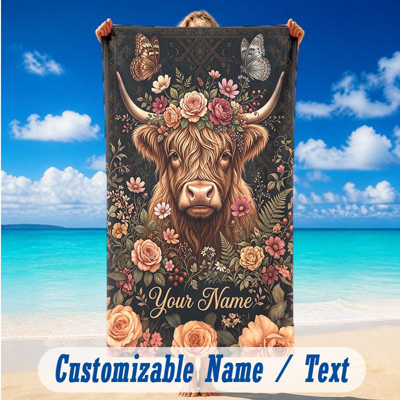 Cow Highland Theme Beach Towel Personalized Custom Name & Text Soft Quick Dry Beach Towel for Swimming Travel