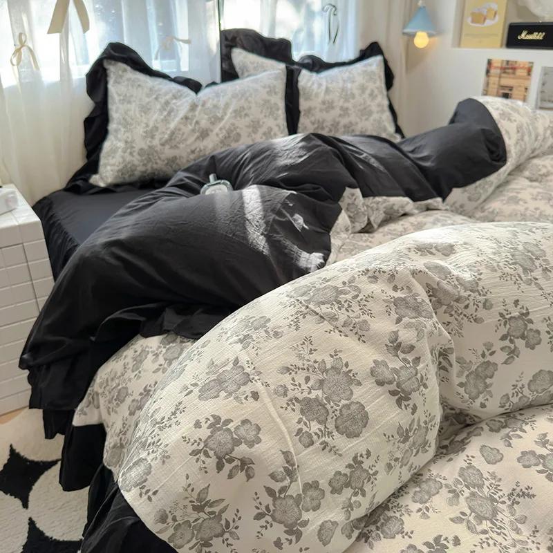 1.5/1.8 Korean Style 100% Cotton Fitted Sheet Sets with Lace Flower Print Bedding Set for Seasons Home Bedclothes for Adult Kids