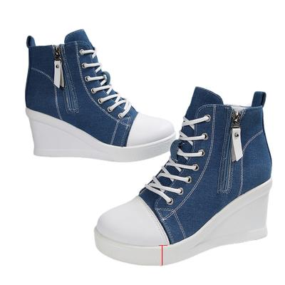 Fashion Women's Platform Wedge Heel High Top Sneakers Blue Denim Casual Canvas Shoes Woman Fashion Thick Sole Lace Up Vulcanized Shoes