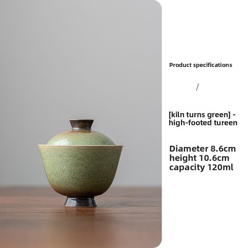 

Kiln turns emerald green, covered bowl Chinese ceramic single with lid Sancai large tea brewer teacup Household Kung Fu tea bowl 200ml