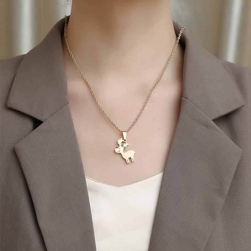 Minimalist Christmas Reindeer Pendant Necklace - Women's Titanium Steel Jewelry, European & American Style