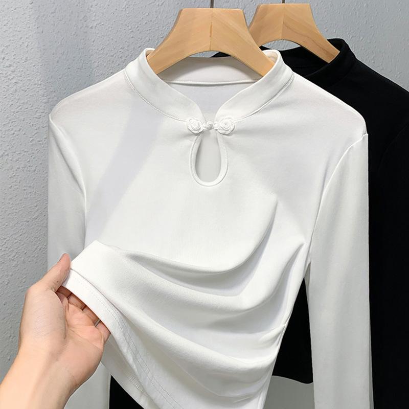 

Белый топ с пряжкой, ранняя осень, новая внутренняя рубашка с длинными рукавами, стоячий воротник, хлопковая футболка для женщин 3XL белый