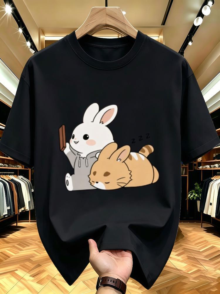 Unisex O Neck Tee Rabbit And Sleeping Cat Cartoon Art Print Cotton Short Sleeve Loose Summer Breathable Daily Casual Basic Wear Top