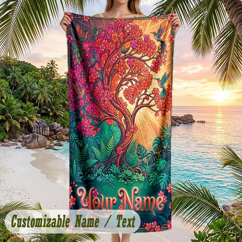 Tree Life Celestial Harmony Theme Quick Dry Beach Towel Custom Name Text Print Large Sand Resistant Towel Beach Vacation
