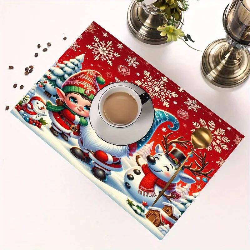 Christmas Themed Linen Placemats Table Mats with Heat-Resistant Coating Kitchen Dining Decorative Place for Plates and Bowls
