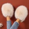 1 Pair Elegant Faux Fur Slippers for Women, Indoor/Outdoor House Shoes, Korean Style Warm Flat Non-Slip Rubber Sole, Pure Color, Fabric Lined
