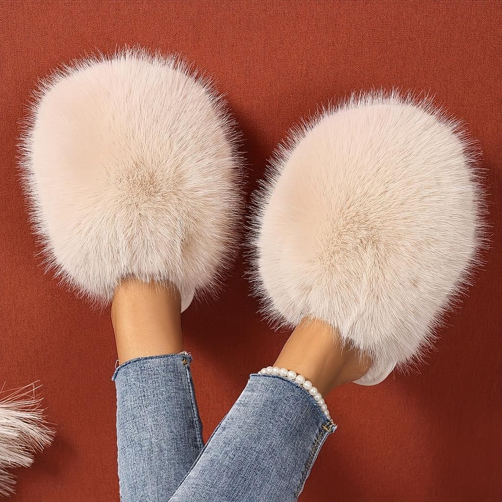 1 Pair Elegant Faux Fur Slippers for Women, Indoor/Outdoor House Shoes, Korean Style Warm Flat Non-Slip Rubber Sole, Pure Color, Fabric Lined