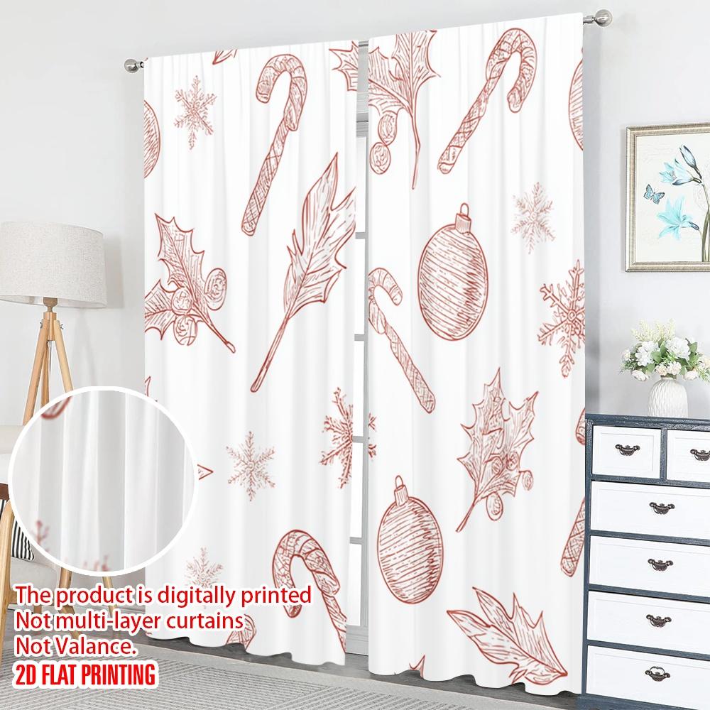 2pcs 2D flat printing Christmas Hot Party Curtains Christmas Holly Candy Cane Ornament Digital Printed Polyester Drapes Holiday