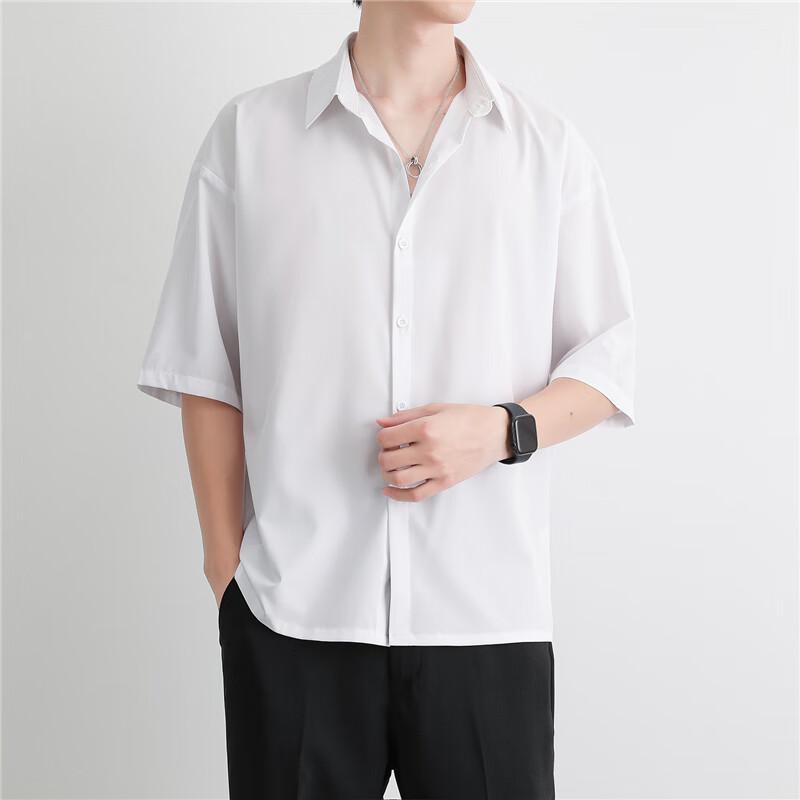 Mianzhi Men's Shirt, Summer Ice Silk Cool Feeling Versatile Top, Loose Casual Solid Color Short Sleeve Shirt for Men, White, L