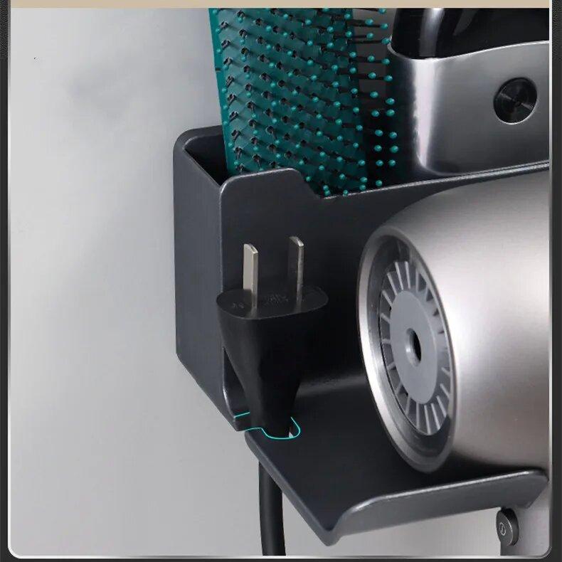 Multi-functional Bathroom Rack with Hair Dryer Slot and Storage Baskets Wall Mounted Plastic Hair Dryer Holder Bathroom Shelf Bathroom Organizer