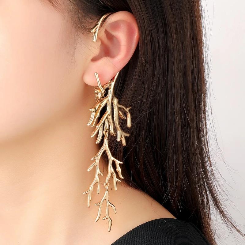 New Trend Gold Color Alloy Coral Left Right Asymmetric Large Earrings For Women Party Accessories