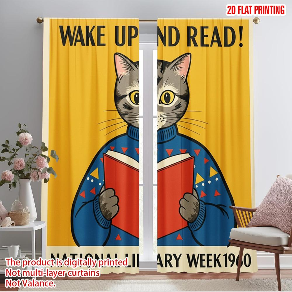 

2pcs 2D flat printing Window Curtains Cat Reading Book National Library Week 100% Polyester Fabric Without Electricity Festive 52.50×116.00 CM 2pcs