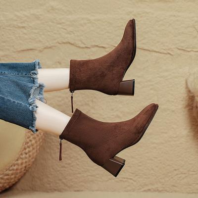 Short Boots Women's Autumn and Winter New High-heeled Boots Medium Tube Khaki Suede Single Boots Thick Heel Fashion Elastic Thin Boots
