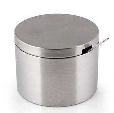 Stainless Steel Seasoning Jar with Spoon – Cylindrical Salt and Sugar Container, Kitchen Utensil.